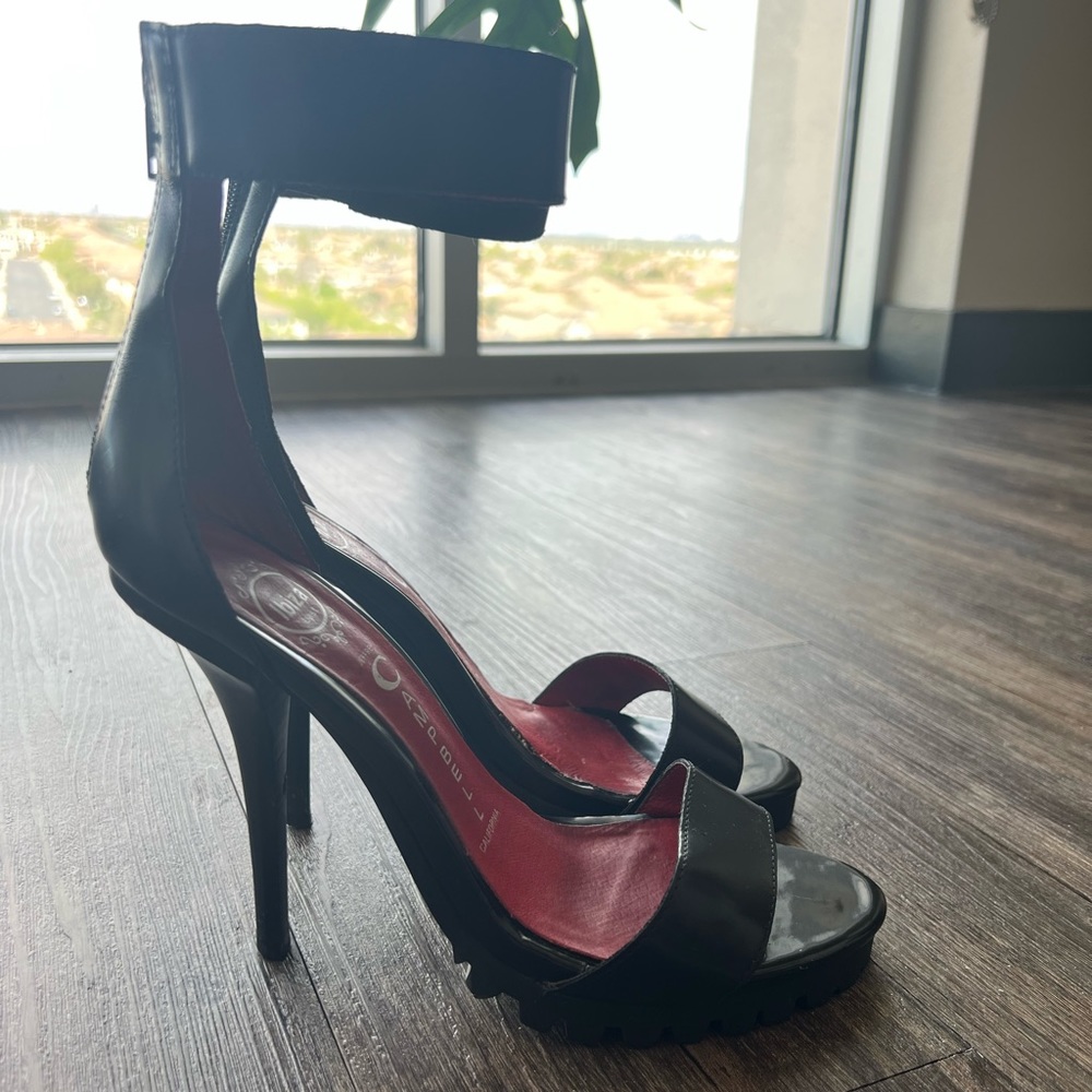 Jeffrey Campbell Ibiza California Black Leather Ankle Strap Heels, size 9.5